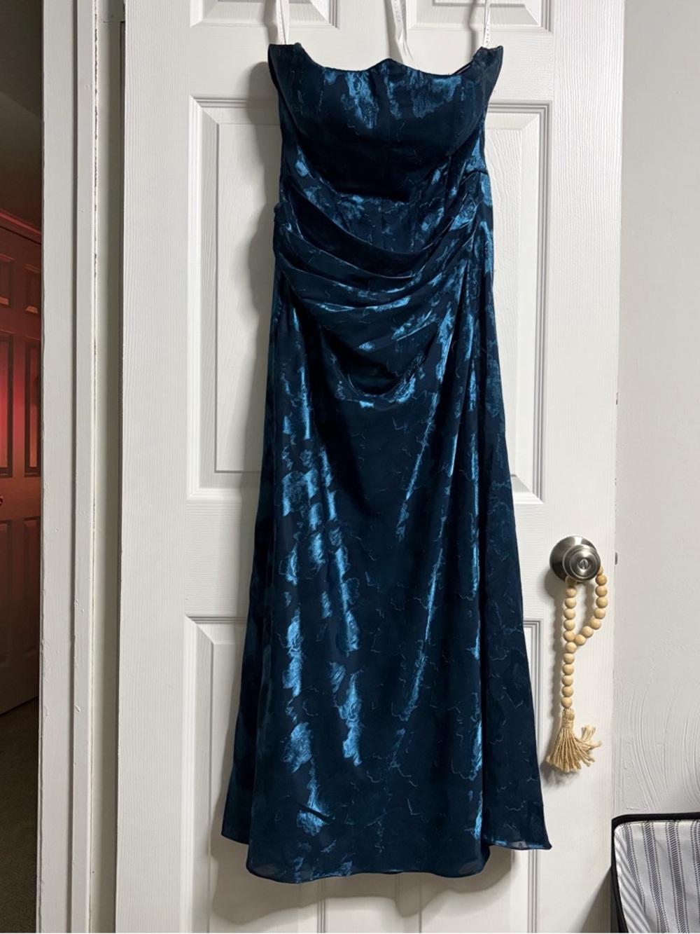 Azazie Teal-Blue Strapless Satin Draped Gown